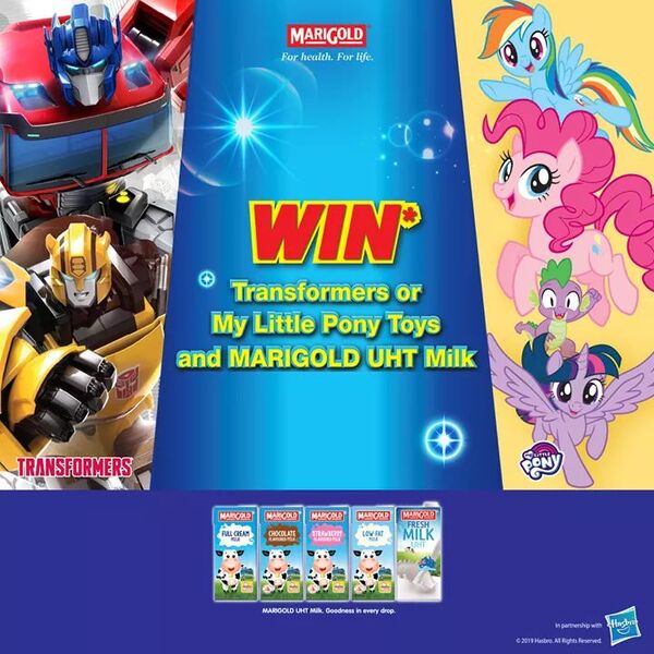 Size: 720x720 | Tagged: advertisement, alicorn, bumblebee, clash of hasbro's titans, derpibooru import, marigold (brand), milk, my little pony: the movie, optimus prime, pinkie pie, rainbow dash, safe, singapore, spike, stock vector, twilight sparkle, twilight sparkle (alicorn), wide eyes