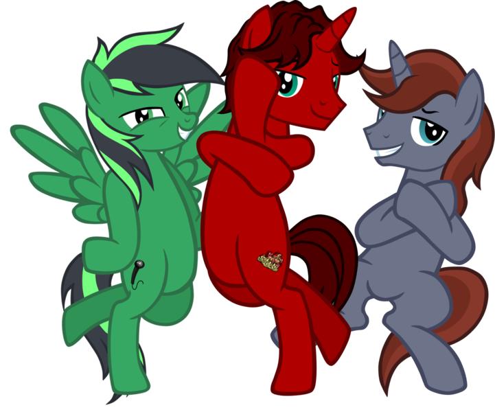 Size: 1440x1199 | Tagged: safe, artist:theeditormlp, derpibooru import, oc, oc:gutiu serenade, oc:pitch, oc:wuten, unofficial characters only, pegasus, pony, unicorn, female, jojo pose, jojo's bizarre adventure, male, mare, pillar men, show accurate, simple background, stallion, transparent background