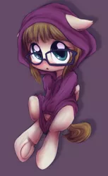 Size: 961x1572 | Tagged: safe, artist:darkstylerz, derpibooru import, zippoorwhill, pegasus, pony, blushing, clothes, cute, female, filly, frog (hoof), glasses, hoodie, hoofbutt, hooves, looking at you, simple background, solo, underhoof, zippoorbetes