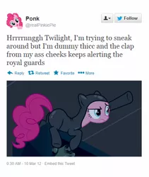 Size: 470x558 | Tagged: catsuit, copypasta, dank memes, derpibooru import, dummy thicc, edit, edited screencap, fake, female, it's about time, meme, meta, metal gear, pinkie pie, ponified meme, ponk, screencap, skinsuit, skintight clothes, solid snake, solo, suggestive, thick, twitter