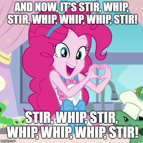 Size: 500x500 | Tagged: safe, derpibooru import, edit, edited screencap, screencap, pinkie pie, tank, equestria girls, equestria girls series, the craft of cookies, spoiler:eqg series (season 2), apron, caption, chef's hat, clothes, cropped, hat, heart hands, image macro, solo, star wars holiday special, text