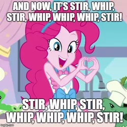 Size: 500x500 | Tagged: safe, derpibooru import, edit, edited screencap, screencap, pinkie pie, tank, equestria girls, equestria girls series, the craft of cookies, spoiler:eqg series (season 2), apron, caption, chef's hat, clothes, cropped, hat, heart hands, image macro, solo, star wars holiday special, text