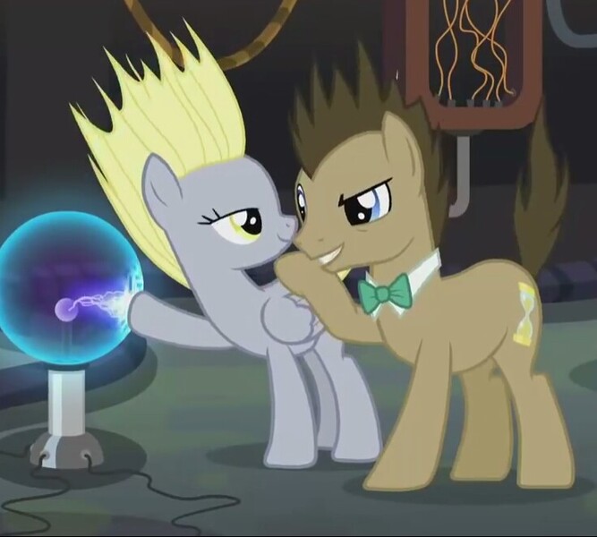 Size: 736x662 | Tagged: safe, derpibooru import, screencap, derpy hooves, doctor whooves, time turner, earth pony, pegasus, pony, slice of life (episode), bowtie, cropped, female, laboratory, male, mare, plasma ball, shipping fuel, stallion, static electricity, together