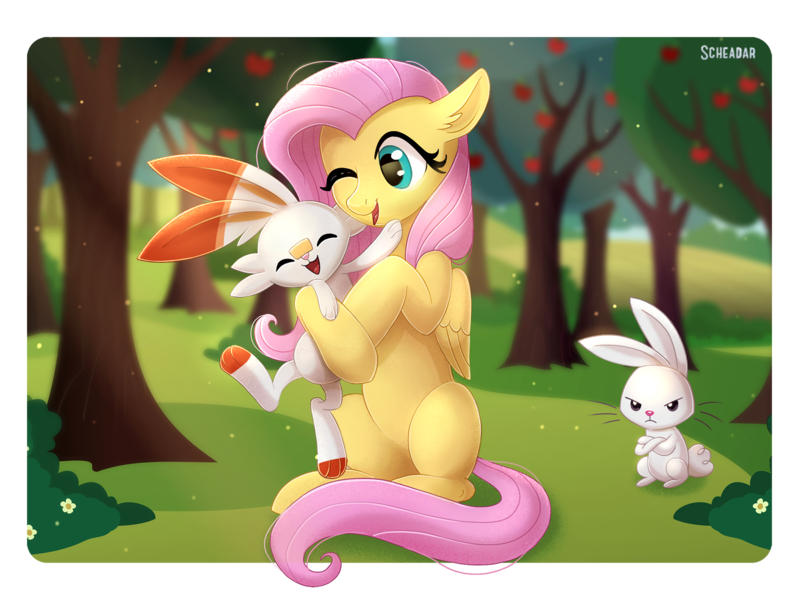 Size: 1600x1200 | Tagged: safe, artist:scheadar, derpibooru import, angel bunny, fluttershy, scorbunny, apple, apple tree, crossover, cute, female, hug, jealous, pokémon, pokemon sword and shield, shyabetes, smiling, tree