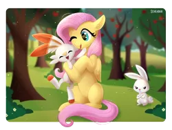 Size: 1600x1200 | Tagged: safe, artist:scheadar, derpibooru import, angel bunny, fluttershy, scorbunny, apple, apple tree, crossover, cute, female, hug, jealous, pokémon, pokemon sword and shield, shyabetes, smiling, tree