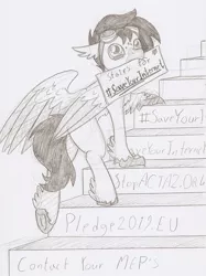 Size: 1084x1448 | Tagged: article 13, artist:ravenpuff, classical hippogriff, derpibooru import, grayscale, hippogriff, monochrome, mouth hold, oc, pencil drawing, politics, safe, #saveyourinternet, stairs, traditional art, unofficial characters only