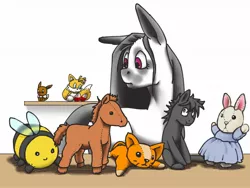 Size: 1600x1200 | Tagged: safe, artist:causticeichor, derpibooru import, oc, oc:inkenel, oc:oretha, unofficial characters only, eevee, pony, crossover, hiding, micro, miles "tails" prower, plushie, pokémon, scrunchy face, searching, simple background, size difference, sonic the hedgehog (series)