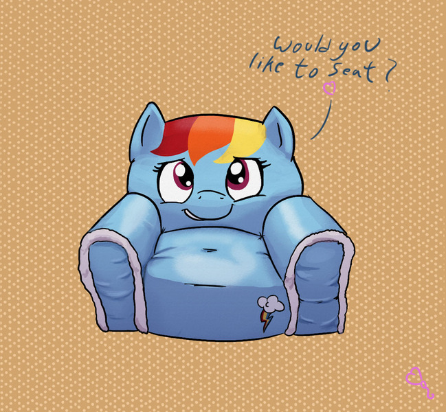 Size: 1169x1080 | Tagged: safe, artist:softballoonpony, derpibooru import, rainbow dash, pony, chair, couch, cute, dashabetes, dialogue, i can't believe it's not badumsquish, inanimate tf, objectification, solo, transformation