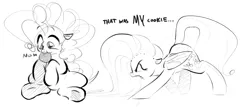Size: 2247x963 | Tagged: safe, artist:hattsy, derpibooru import, fluttershy, pinkie pie, earth pony, pegasus, pony, angry, aweeg*, cookie, dialogue, eating, female, food, mare, misleading thumbnail, monochrome, nom, open mouth, sitting, this will end in pain
