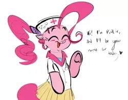 Size: 986x768 | Tagged: safe, artist:hattsy, derpibooru import, pinkie pie, earth pony, pony, semi-anthro, bipedal, blushing, clothes, cute, dialogue, eyes closed, female, frog (hoof), hat, mare, nurse hat, nurse outfit, open mouth, pleated skirt, ponytail, shirt, skirt, smiling, solo, stethoscope, underhoof