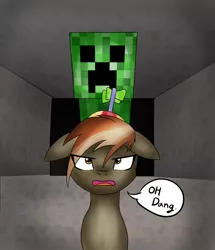 Size: 3100x3600 | Tagged: safe, artist:linlaifeng, derpibooru import, button mash, earth pony, pony, don't mine at night, colt, creeper, dialogue, eye clipping through hair, floppy ears, foal, hat, imminent explosion, male, minecraft, open mouth, propeller hat, solo, speech bubble, this will end in death, this will end in explosions