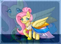 Size: 899x656 | Tagged: safe, artist:sonleeforever5, derpibooru import, fluttershy, pegasus, pony, fake it 'til you make it, clothes, cute, deviantart watermark, dress, female, mare, obtrusive watermark, shyabetes, solo, spread wings, warrior of inner strength, warriorshy, watermark, wings, zoom layer