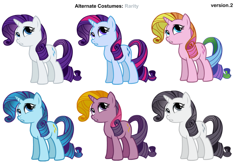 Size: 3400x2400 | Tagged: safe, artist:pika-robo, derpibooru import, rainbow flash, rarity, rarity (g3), sparkler (g1), toola roola, oc, oc:bluebell, pony, unicorn, adventures in ponyville, alternate costumes, blu-rarity, discorded, female, g1, g1 to g4, g3, g3 to g4, g4, generation leap, image, mare, palette swap, png, recolor, simple background, transparent background, vector