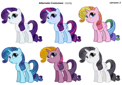 Size: 3400x2400 | Tagged: safe, artist:pika-robo, derpibooru import, rainbow flash, rarity, rarity (g3), sparkler (g1), toola roola, oc, oc:bluebell, pony, unicorn, adventures in ponyville, alternate costumes, blu-rarity, discorded, female, g1, g1 to g4, g3, g3 to g4, g4, generation leap, image, mare, palette swap, png, recolor, simple background, transparent background, vector
