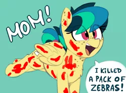 Size: 1280x941 | Tagged: grimdark, artist:shinodage, derpibooru import, edit, oc, oc:apogee, pony, zebra, blood, covered in blood, implied zebra, mom! meme, self defense