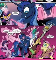 Size: 805x868 | Tagged: safe, artist:andypriceart, derpibooru import, idw, cosmos (character), discord, fluttershy, princess celestia, princess luna, twilight sparkle, twilight sparkle (alicorn), alicorn, draconequus, pegasus, pony, spoiler:comic, spoiler:comic75, :q, :t, bedroom eyes, colored sclera, confused, dialogue, discord gets all the alicorns, discord gets all the mares, eyes on the prize, female, frown, glowing eyes, grin, heart eyes, jewelry, licking, licking lips, lidded eyes, male, mare, mismatched eyes, necklace, nervous, oh no, possessed, possession, possesstia, raised hoof, raised leg, shrunken pupils, smiling, smirk, smoke, speech bubble, spread wings, tail, tail pull, tongue out, wide eyes, wingding eyes, wings, yellow sclera