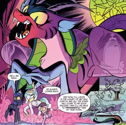 Size: 802x795 | Tagged: safe, artist:andypriceart, derpibooru import, idw, cosmos (character), princess celestia, princess luna, twilight sparkle, twilight sparkle (alicorn), alicorn, draconequus, pony, spoiler:comic, spoiler:comic75, female, mare, official comic, possessed, possesstia, speech bubble