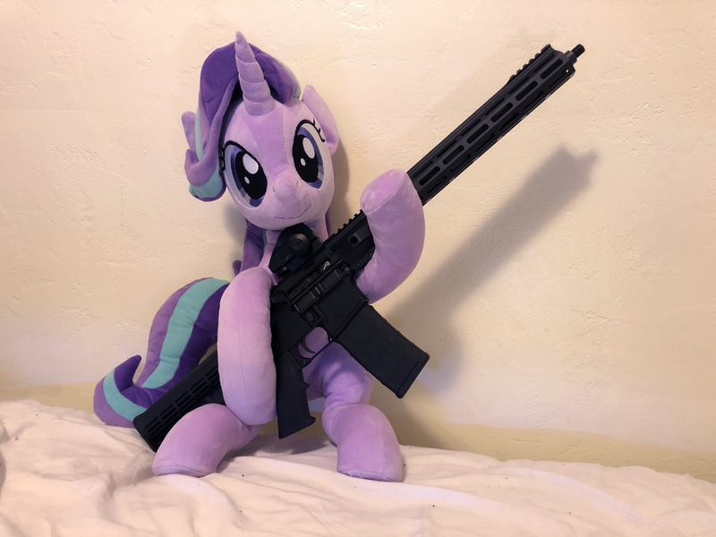 Size: 4032x3024 | Tagged: safe, artist:nekokevin, artist:yaop, derpibooru import, starlight glimmer, pony, unicorn, series:nekokevin's glimmy, aero precision, ar15, gun, irl, photo, plushie, rifle, solo, this will end in communism, weapon