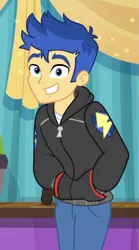 Size: 565x1016 | Tagged: safe, derpibooru import, screencap, banana (dog), flash sentry, best in show: the pre-show, equestria girls, equestria girls series, spoiler:eqg series (season 2), clothes, cropped, cute, diasentres, hands in pockets, hoodie, looking at camera, looking at you, male, offscreen character, pants, smiling