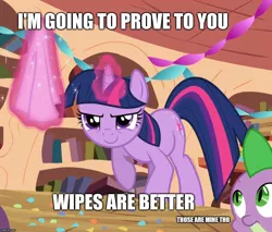 Size: 1033x881 | Tagged: safe, derpibooru import, edit, edited screencap, screencap, spike, twilight sparkle, dragon, pony, unicorn, secret of my excess, >:), baby wipes, book, bookshelf, caption, confetti, cropped, cutie mark, determined, duo, female, glowing horn, golden oaks library, horn, image macro, levitation, magic, male, mare, meme, raised hoof, smiling, smirk, telekinesis, text, unicorn twilight