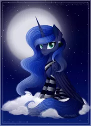 Size: 2665x3656 | Tagged: safe, artist:victoria-luna, derpibooru import, princess luna, alicorn, pony, 2018, clothes, cloud, female, full moon, hearth's warming eve, looking at you, mare, moon, night, sitting, smiling, socks, solo, stars, striped socks