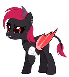 Size: 2180x2412 | Tagged: safe, artist:lazuli, artist:thatonecrazyartist18, derpibooru import, oc, oc:roxy (demon), unofficial characters only, demon, demon pony, original species, pony, bandage, base used, bat wings, black sclera, choker, colored sclera, ear piercing, earring, female, horns, jewelry, mare, piercing, raised hoof, scar, simple background, solo, white background, wings