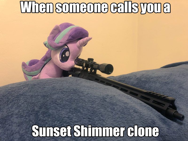 Size: 2048x1536 | Tagged: safe, artist:nekokevin, derpibooru import, edit, starlight glimmer, pony, series:nekokevin's glimmy, ar15, caption, exploitable meme, gun, image macro, irl, meme, photo, plushie, snipelight glimmer, text, this will end in death, this will end in pain, this will end in tears, this will end in tears and/or death, weapon