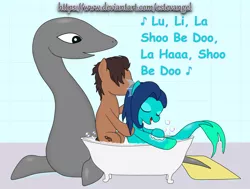 Size: 1648x1246 | Tagged: artist:estevangel, bath, bathroom, bathtub, derpibooru import, merpony, oc, oc:estevangel, oc:silvernaqua, safe, sea creature, seapony (g4), silvangel