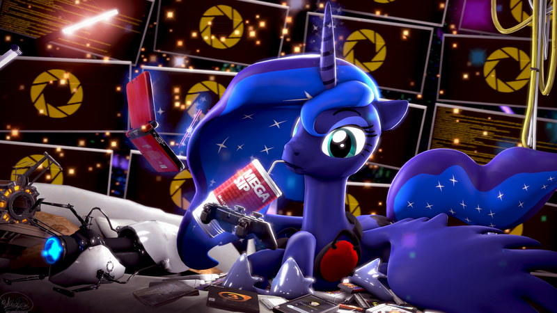 Size: 3840x2160 | Tagged: safe, artist:whiteskyline, derpibooru import, princess luna, pony, gamer luna, 3d, bed, portal (valve), portal 2, portal gun, solo, source filmmaker, wires