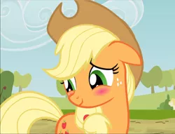 Size: 1230x939 | Tagged: safe, derpibooru import, screencap, applejack, earth pony, pony, the last roundup, appleblush, applejack's hat, blushing, cowboy hat, cropped, cute, cutie mark, female, flattered, floppy ears, freckles, hat, jackabetes, looking down, mare, smiling, solo, stetson