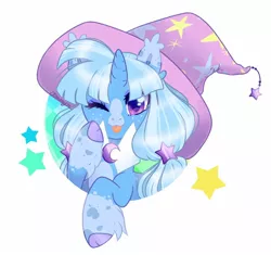 Size: 1500x1410 | Tagged: safe, artist:nemovonsilver, derpibooru import, trixie, classical unicorn, pony, unicorn, :p, blaze (coat marking), clothes, cloven hooves, cute, ear fluff, female, freckles, hat, leonine tail, looking at you, mare, one eye closed, silly, solo, stars, tongue out, trixie's hat, unshorn fetlocks, wink