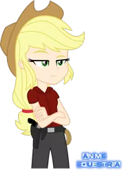 Size: 689x958 | Tagged: safe, artist:anime-equestria, derpibooru import, applejack, human, equestria girls, applejack's hat, cowboy hat, crossed arms, frown, gun, handgun, hat, holster, human coloration, humanized, knife, lasso, raised eyebrow, red dead redemption 2, revolver, rope, solo, weapon