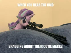 Size: 4032x3024 | Tagged: safe, artist:nekokevin, artist:yaop, derpibooru import, edit, editor:genericarchangel, starlight glimmer, pony, series:nekokevin's glimmy, caption, exploitable meme, gun, image macro, implied apple bloom, implied cutie mark crusaders, implied cutie mark theft, implied scootaloo, implied sweetie belle, irl, meme, photo, plushie, snipelight glimmer, solo, text, this will end in communism, weapon