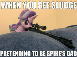 Size: 4032x3024 | Tagged: safe, artist:nekokevin, artist:yaop, derpibooru import, edit, starlight glimmer, pony, unicorn, series:nekokevin's glimmy, father knows beast, ar15, caption, exploitable meme, female, gun, image macro, implied sludge, implied spike, irl, leaning, mare, meme, photo, plushie, rifle, scope, smiling, snipelight glimmer, solo, text, weapon