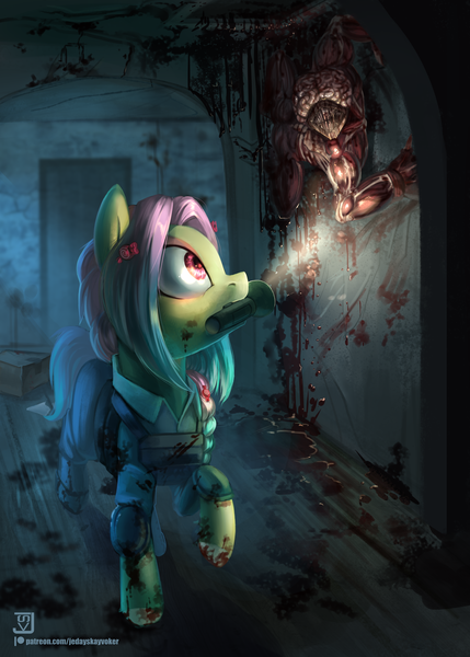 Size: 2500x3500 | Tagged: semi-grimdark, artist:jedayskayvoker, derpibooru import, earth pony, pony, blood, capcom, clothes, crossover, flashlight (object), high res, licker, monster, mouth hold, resident evil, resident evil 2 remake, video game crossover