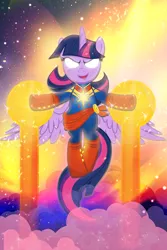Size: 1200x1800 | Tagged: safe, artist:pixelkitties, derpibooru import, twilight sparkle, twilight sparkle (alicorn), alicorn, pony, >:d, captain marvel, captain marvel (marvel), carol danvers, clothes, cosplay, costume, crossover, evil grin, female, flying, glowing eyes, grin, magic, mare, marvel, marvel comics, open mouth, smiling, smirk, solo