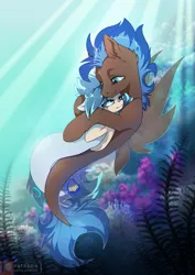 Size: 1061x1500 | Tagged: safe, artist:arctic-fox, derpibooru import, oc, oc:ash wing, oc:nimble wing, unofficial characters only, earth pony, pegasus, pony, seapony (g4), ear fluff, female, hug, looking at each other, male, mare, patreon, patreon logo, romantic, shipping, stallion, underwater
