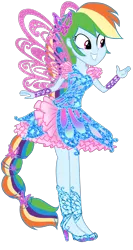 Size: 1300x2450 | Tagged: safe, artist:gihhbloonde, derpibooru import, rainbow dash, fairy, human, equestria girls, bloom (winx club), butterflix, clothes, crossover, dress, fairy wings, fairyized, hasbro, hasbro studios, high heels, humanized, long hair, ponied up, rainbow dash always dresses in style, rainbow s.r.l, shoes, winged humanization, wings, winx club