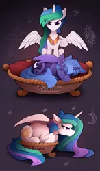 Size: 1500x2568 | Tagged: safe, artist:yakovlev-vad, derpibooru import, princess celestia, princess luna, alicorn, butterfly, pony, ..., :<, :t, angry, annoyed, bed, behaving like a cat, behaving like a dog, celestia is not amused, chest fluff, crescent moon, cute, cutelestia, cutie mark, ear fluff, exclamation point, eye clipping through hair, eyes closed, female, floppy ears, flower, fluffy, frown, funny, glare, gray background, grumpy, hilarious, hnnng, if i fits i sits, interrobang, jewelry, leg fluff, lunabetes, madorable, mare, messy mane, missing accessory, moon, neck fluff, night, peeved, peytral, princess celestia is not amused, prone, question mark, royal sisters, s1 luna, shoulder fluff, siblings, simple background, sisters, sitting, sleeping, small, smiling, spread wings, stars, sunflower, this will end in tears and/or a journey to the moon, unamused, wing fluff, wings