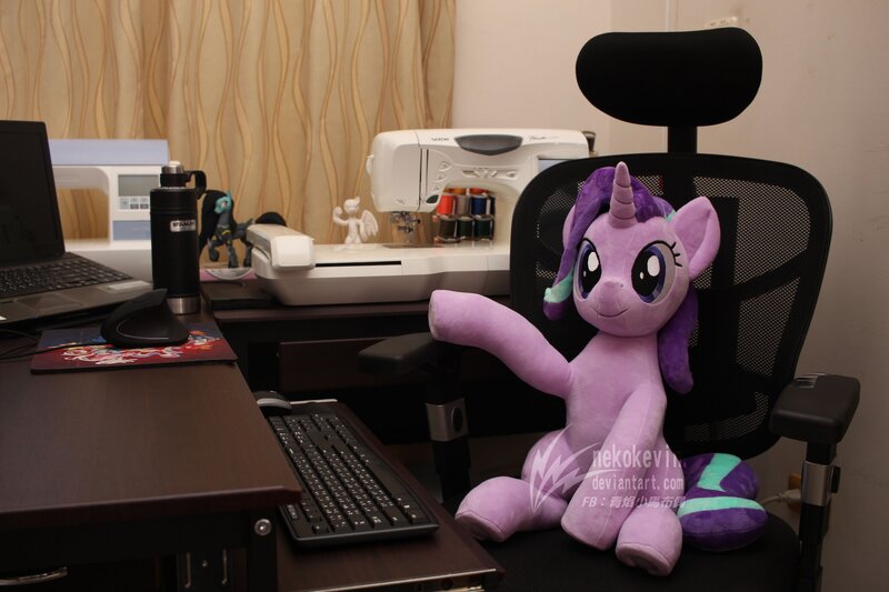 Size: 4096x2730 | Tagged: safe, artist:nekokevin, derpibooru import, starlight glimmer, pony, unicorn, series:nekokevin's glimmy, chair, computer, computer mouse, female, irl, keyboard, laptop computer, mare, photo, plushie, raised hoof, sewing machine, sitting, smiling, solo, watermark