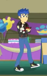 Size: 347x560 | Tagged: safe, derpibooru import, screencap, banana (dog), flash sentry, dog, best in show: the victory lap, equestria girls, equestria girls series, spoiler:eqg series (season 2), boston terrier, clothes, converse, cropped, hoodie, male, pants, shoes, sneakers