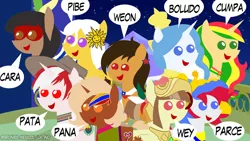 Size: 960x540 | Tagged: safe, artist:archooves, derpibooru import, oc, oc:camila, oc:chilenia, oc:kantuta (miski' hooves), oc:kuruminha, oc:nucita, oc:princess argenta, oc:princess peruvia, oc:tailcoatl, ponified, unofficial characters only, alicorn, earth pony, pegasus, pony, argentina, bolivia, brazil, chile, colombia, female, group, hat, mare, mexico, nation ponies, open mouth, peru, smiling, spanish, speech bubble, uruguay, venezuela