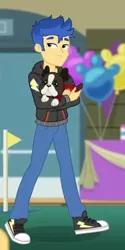 Size: 252x504 | Tagged: safe, derpibooru import, screencap, banana (dog), flash sentry, best in show: the victory lap, equestria girls, equestria girls series, spoiler:eqg series (season 2), clothes, converse, cropped, male, pants, shoes, sneakers