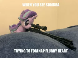 Size: 4032x3024 | Tagged: safe, artist:nekokevin, artist:yaop, derpibooru import, edit, editor:genericarchangel, starlight glimmer, pony, series:nekokevin's glimmy, spoiler:s09, caption, exploitable meme, gun, image macro, implied flurry heart, implied king sombra, irl, meme, photo, plushie, rifle, snipelight glimmer, solo, text, this will end in death, weapon