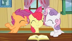 Size: 1668x940 | Tagged: safe, derpibooru import, screencap, apple bloom, scootaloo, sweetie belle, earth pony, pegasus, pony, unicorn, hearts and hooves day (episode), adorabloom, book, clubhouse, crusaders clubhouse, cute, cutealoo, cutie mark crusaders, diasweetes, eyes closed, female, filly, foal, open book, smiling, trio, trio female