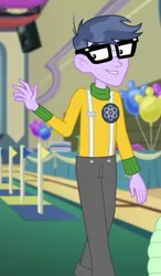 Size: 625x1073 | Tagged: safe, derpibooru import, screencap, microchips, best in show: the victory lap, equestria girls, equestria girls series, spoiler:eqg series (season 2), clothes, glasses, male, pants, smiling, waving