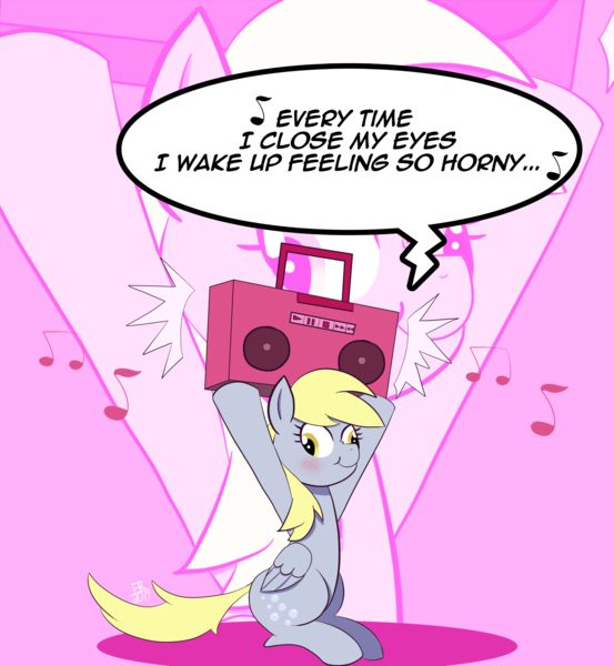 Size: 1496x1624 | Tagged: suggestive, artist:feralroku, derpibooru import, derpy hooves, pony, blushing, boom box, freek'n you, jodeci, music notes, sitting, solo, song reference, speech bubble, zoom layer