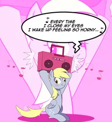Size: 1496x1624 | Tagged: suggestive, artist:feralroku, derpibooru import, derpy hooves, pony, blushing, boom box, freek'n you, jodeci, music notes, sitting, solo, song reference, speech bubble, zoom layer