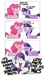 Size: 935x1552 | Tagged: safe, artist:shoutingisfun, derpibooru import, pinkie pie, rarity, twilight sparkle, twilight sparkle (alicorn), alicorn, earth pony, pony, unicorn, and then there's rarity, blushing, bottle, chubbie pie, chubby, comic, darling, drunk rarity, female, floppy ears, friday night, implied ww3, lesbian, looking at each other, magic, mare, open mouth, plump, shipping, simple background, sophisticated as hell, spread wings, telekinesis, twinkie, vulgar, white background, wingboner, wings, world war iii