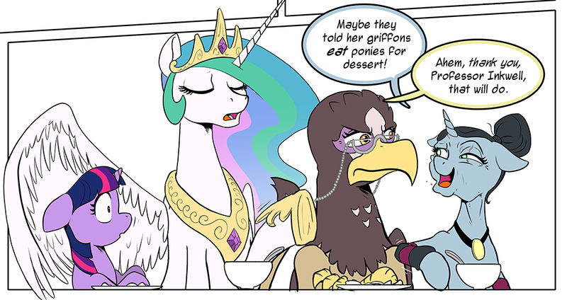 Size: 1000x530 | Tagged: safe, artist:muffinshire, derpibooru import, princess celestia, professor inkwell, twilight sparkle, oc, oc:gisela, alicorn, gryphon, pony, unicorn, comic:twilight's first day, female, filly, glasses, jewelry, mare, regalia, unicorn twilight, wip